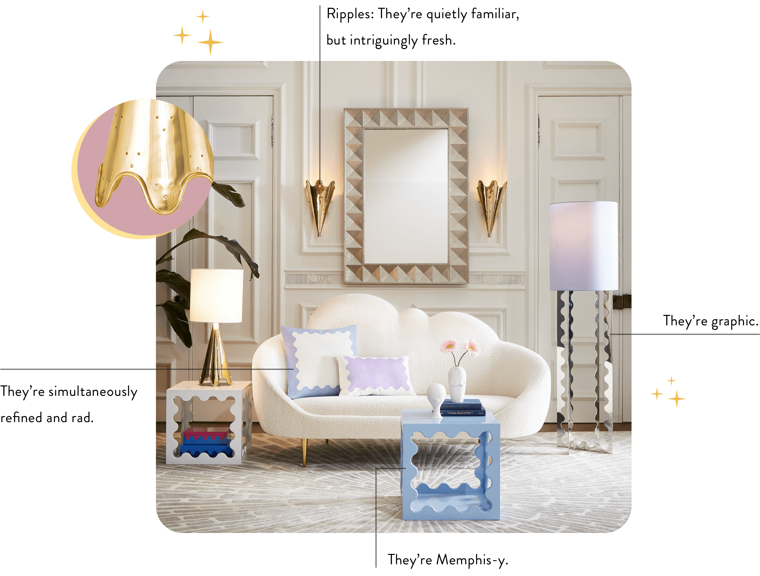 Jonathan Adler's Ripple Collection. Ripples: They’re quietly familiar,
but intriguingly fresh. They’re graphic. They’re Memphis-y. They’re simultaneously refined and rad.